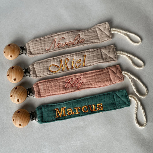 Speenkoord met naam geborduurd - Hydrofiel stof