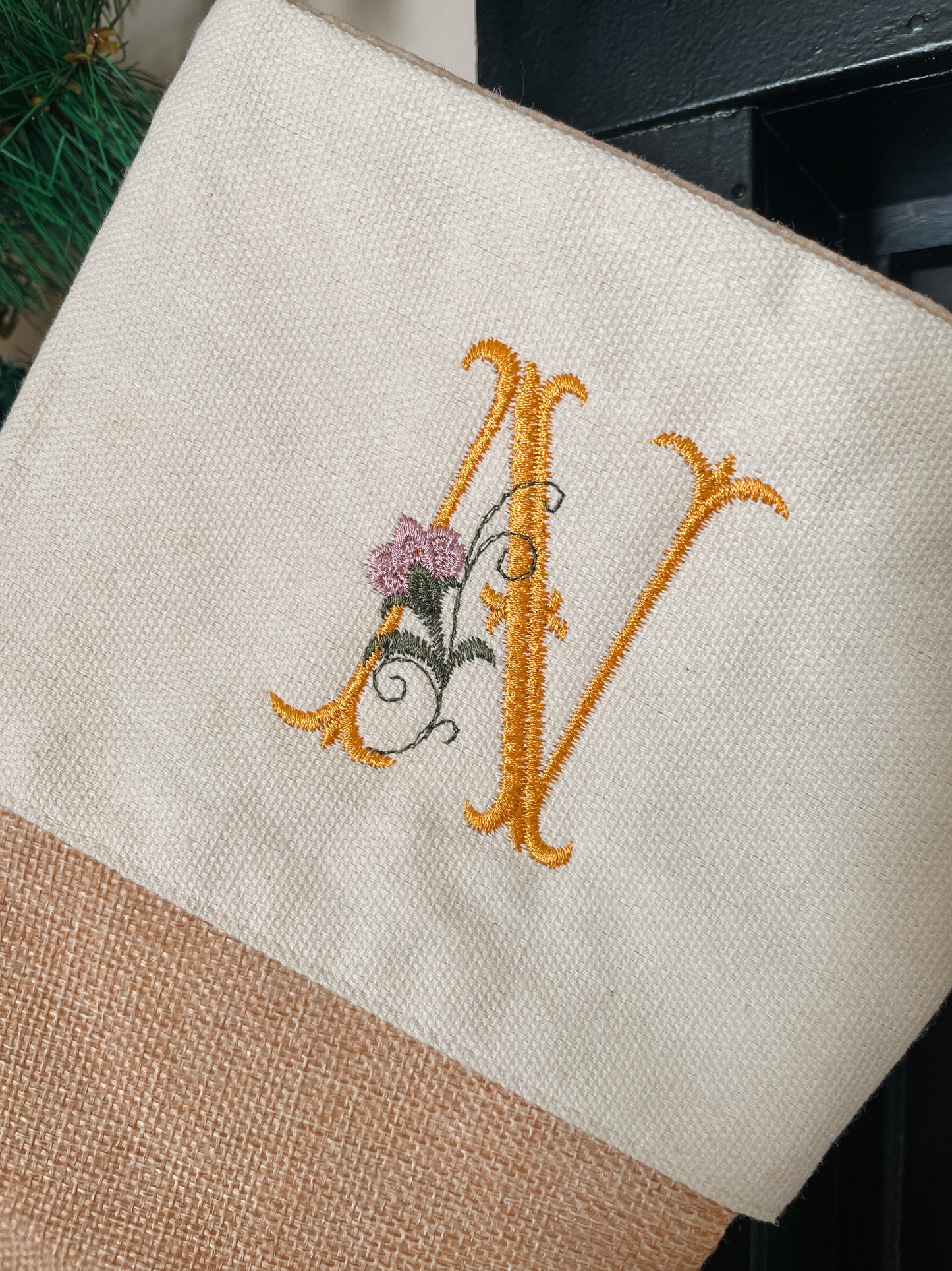 Linnen kerstsok met naam - geborduurd