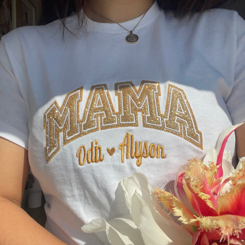 MAMA t-shirt met glitter vinyl en namen